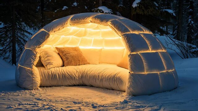 Cozy Igloo Retreat: A glowing igloo structure invites relaxation with soft cushions, creating a magical winter hideaway. It's an inviting scene.