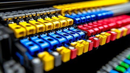 Colorful electrical connectors, close-up detail, industrial background