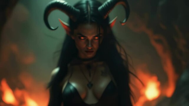 Woman as demonic creature with horns in dark forest. Eerie fantasy portrait with flames. Halloween horror concept, gothic character 