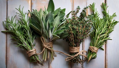 harvested bunches of fresh herbs like rosemary thyme and sage tied with twine