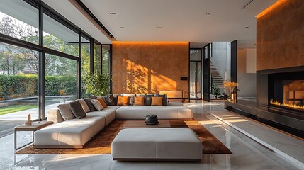 Modern Luxury Living Room Interior Design with Fireplace and Large Windows