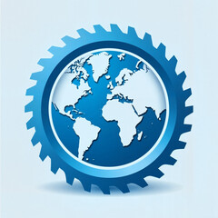 Stylized globe inside a blue gear on a light background
