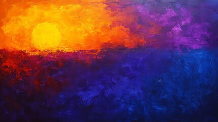 Naklejka premium sunset, top view, indigo solid background, brilliant sun setting in a rich, deep blue sky, intense oranges and purples blending across the horizon.