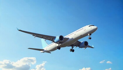 Airplane taking off against a clear blue sky symbolizing travel and exploration