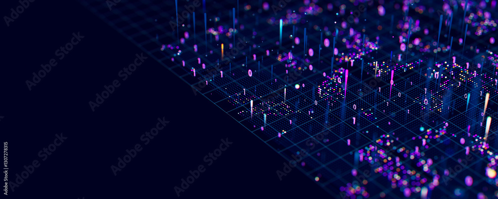 Poster macro of quantum computing technology. digital patterns of big data. microworld of llm ai learning p