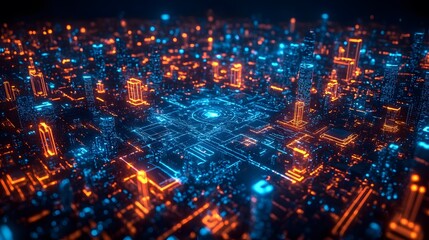 3D glowing 5G communication nodes integrated into a digital smart grid, enabling high-speed data transfer