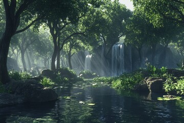 Fototapeta premium Tranquil forest landscape with waterfalls and serene water reflections in the morning light