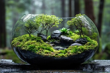 Tranquil Miniature Ecosystem in Glass Bowl with Lush Greenery
