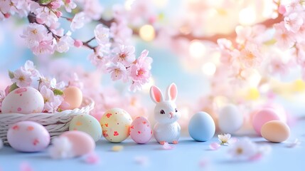 Easter Background with Pastel Eggs, Bunny, Cherry Blossoms, and Light Blue Background with Blurred Effect