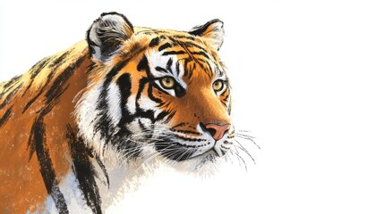 Fototapeta premium tiger, close-up, white solid background, sharp focus on the tigerâ€™s eyes and fur texture, intense and detailed features.