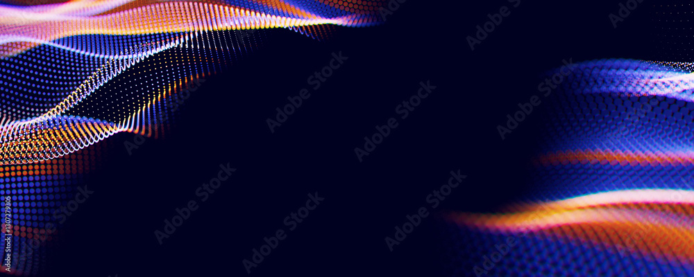 Poster abstract wave of particles. big data digital flow concept. llm learning process, ai technology. quan