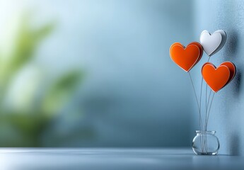 Colorful Heart Decorations in Glass Vase with Soft and Dreamy Background for Romantic Feel