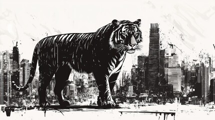 Naklejka premium tiger, line-art, macro, cityscape background, sharp silhouette of the tiger standing against an urban backdrop, full of life.