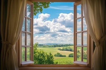 Obraz premium Window with summer landscape view. AI generated illustration.