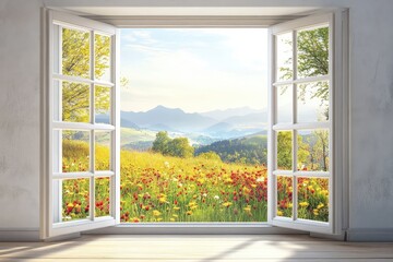 Window with summer landscape view. AI generated illustration.