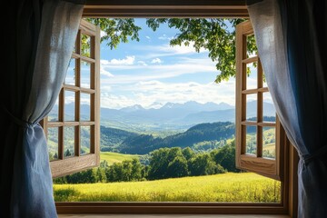 Fototapeta premium Window with summer landscape view. AI generated illustration.