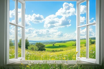 Window with summer landscape view. AI generated illustration.