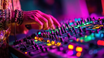 Valmiera, Latvia: DJ adjusts the mixer, immersed in vibrant pink and purple lights.
