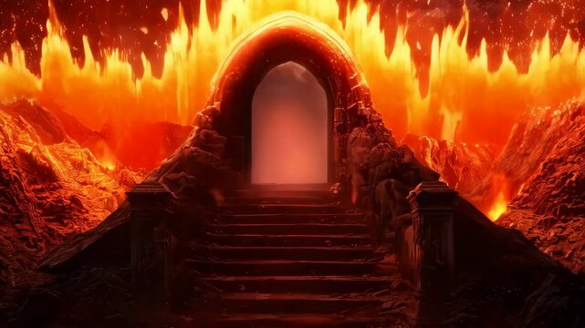 Ancient stone arch doorways to fiery realms. Fantasy underworld entrances with glowing portals. Mystical stairways leading to otherworldly dimensions.