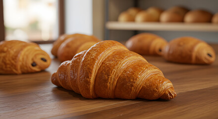 fresh croissant on wooden table