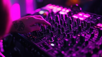 Valmiera, Latvia: DJ adjusts the mixer, immersed in vibrant pink and purple lights.