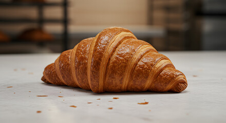 fresh crispy croissant on wooden table
