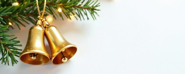 Decorative details of a golden Christmas bell against a simple white background,, golden, bell