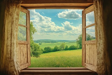 Window with summer landscape view. AI generated illustration.