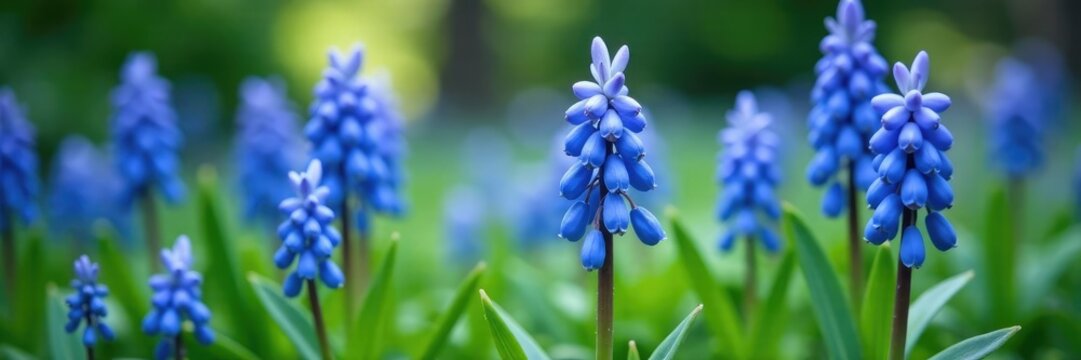 Delicate blue blooms on Muscari paradoxum Bellevalia Pycnantha in shade, shade garden, shade loving plants, blue blooms