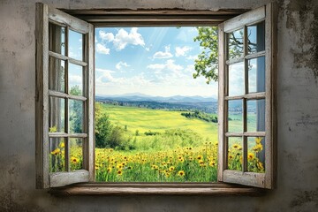 Fototapeta premium Window with summer landscape view. AI generated illustration.