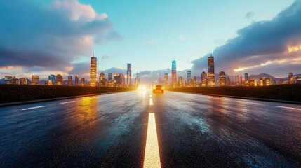 Sunset Cityscape with Wet Road and Dramatic Clouds