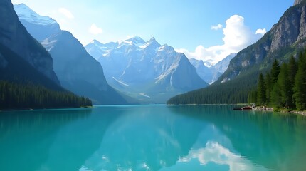 Serene turquoise mountain lake with forest and snow-capped peaks reflecting in clear water