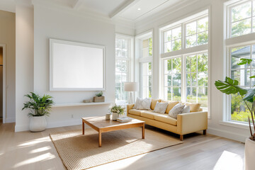 A cozy living room and a blank photo frame