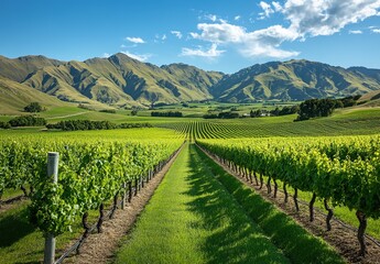 Naklejka premium Vineyards in the countryside of New Zealand, with green grass and mountains in the background, a blue sky, and green grape leaves.
