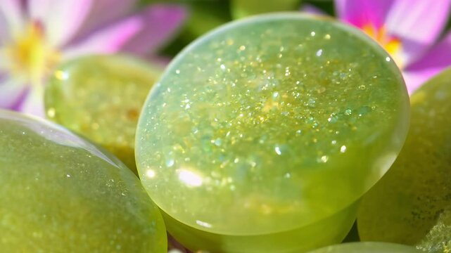 Vibrant slow pan video of small tumbled aventurine stones, green shimmer catching sunlight against blurred floral background, bright natural light