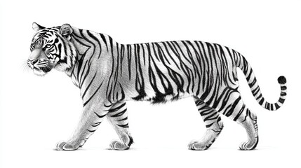 tiger pattern, pencil sketch, side view, white background, overlapping stripes forming dynamic rhythm, smooth transitions and detailed texture.