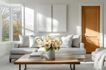 A cozy living room and a blank photo frame