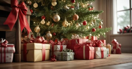 A pile of presents under the Christmas tree with ribbons and bows, ribbons, , colorful present wrapping