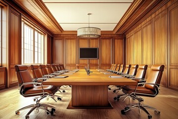 Wooden meeting room interior. AI generated illustration.