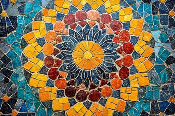 Muslim holiday greeting card with an Arabic arabesque design. Mosaic decorative detail in Islamic colors. Generative Ai