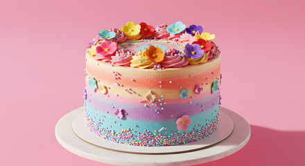 fresh rainbow birthday cake with decoration 