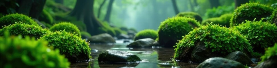 Green moss on rocks in a misty forest environment, plant, atmospheric, forest