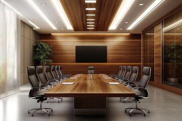 Fototapeta premium Wooden meeting room interior. AI generated illustration.