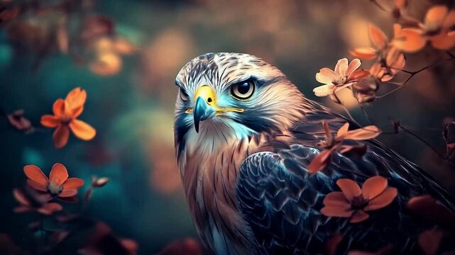 A peregrine falcon bird with a yellow beak and blue eyes stands in a flower field. Smooth repeating motion for background video animation. Smooth repeating motion for background video animation