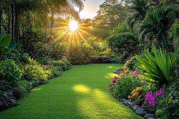 Obraz premium A peaceful morning marks the beginning of a new day as gentle sunshine filters through the vibrant green foliage of a thriving garden. Generative Ai