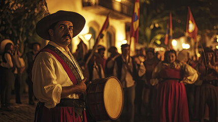 Tiradentes Day in Brazil. Classical portrayal of Tiradentes set against national symbols and traditional-costumed people
