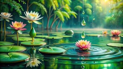 A pool of dripping slime with a few scattered water lily pads floating on its surface, viscous, teal