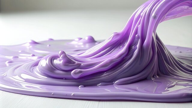 A pool of lavender-hued slime flows slowly down a smooth white surface, creating an otherworldly ambiance, dripping liquid, isolated setup, slow movement, soothing color palette, flowing substance