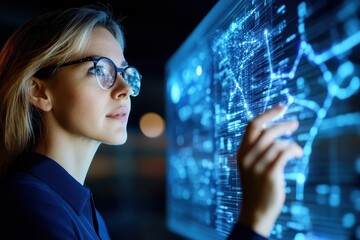 Woman Examining Digital Data On Holographic Display