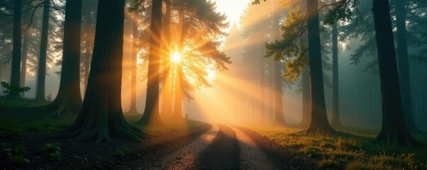 Fototapeta premium Foggy forest awakens to warm sunlight filtering through the canopy, misty atmosphere, calm and quiet